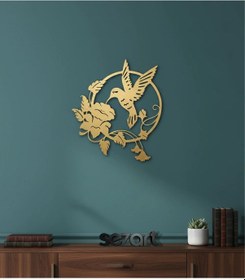 Resim Sinek Kuşu Ve Yaban Gülü Desenli Dekoratif Metal Duvar Tablosu 