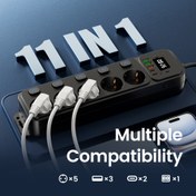 Resim 11’i 1 Arada Avrupa Standartlı Genişletme Prizli Anahtar ve Gösterge Işıklı, 1 Saat, 5 Bağımsız Açma Kapama Soketi, 3 USB Portu ve 2 Type-C Portu İçeren. Kablo Uzunluğunda İki Seçenek: 152,4 cm ve 3,05 Metre, Siyah, Ofis Güç Merkezi,Kompakt Tasarım,Şık Priz Şeridi,Sağlam Priz Şeridi,USB Priz Şeridi,Teknoloji Tutkunları 