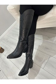 Resim POTEEN Ptn Lotus Kadın Western Kovboy Fermuar Detay Nakışlı Topuklu Çizme-siyah 