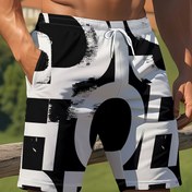 Resim Erkek Yazlık Casual 3D Baskılı Kalın Harf Grafikli Şort - Siyah Beyaz Kontrast, Regular Fit, İpli Bel, Makinede Yıkanabilir, Spor Tarz, Dokulu Kumaş 