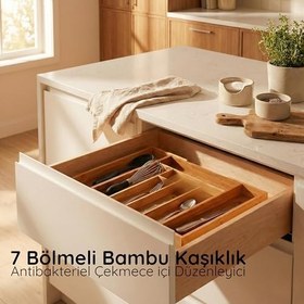 Resim Bambu Ayarlanabilir Çekmece İçi Kaşıklık | Genişletilebilir Çatal Bıçak Organizeri | Doğal, Hijyenik ve Çevre Dostu Mutfak Düzenleyici 