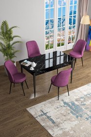 Resim Canisa Han Serisi 70x114 Açılabilir Mdf Mutfak Masası Takımı Siyah Mermer Desen Masa 4 Mor Sandalye 
