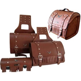 Resim ebakbak Motosiklet 4'lü Set Takım Deri Yan Heybe Sosis ve Arka Çanta Chopper Model Motor Çantası Kahverengi 