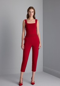 Resim Kare Yaka Kırmızı Triko Crop Top - Kırmızı / S 