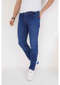Resim Erkek Mavi Düz Slim Fit Likralı Dar Paça Kot Pantolon Lacivert 