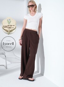 Resim Arkası Lastikli Önü Düz Geniş Paça Keten Lyocell Karışımlı Kadın Pantolon @Lemon - Siyah / S 
