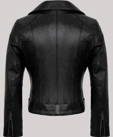 Resim Hakiki Deri Siyah Bel Kemerli Yandan Fermuarlı Kadın Deri Ceket Siyah 