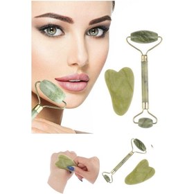 Resim Çift Taraflı 2Li Cilt Yüz Masaj Aleti Jade Roller Yeşim Taşı Seti 
