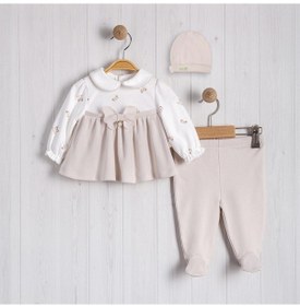 Resim Kelebek Baskılı İnci Aksesuarlı Bebe 2'li Kız Takım Bej 