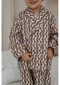 Resim Dalga Desenli Yaka Detaylı Çocuk Pijama Takımı Kahverengi 
