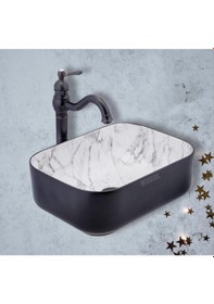 Resim Boheme Scope 50 Cm Mat Siyah Calacatta Tezgah Üstü Çanak Lavabo Şık Tasarım Krom 