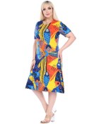 Resim Melsay Butik Sarı Balık Desen Kısa Kollu Büyük Beden Midi Elbise Sarı 