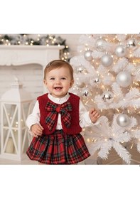 Resim Mina Üçlü Ekoseli Kırmızı Kız Bebek Takım Kırmızı 