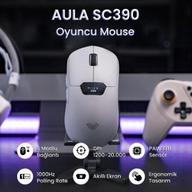 Resim Aula SC390 PAW3311 Sensör 20000 Dpı 1000Hz Kablolu ve Kablosuz Gaming Oyuncu Mouse Beyaz 