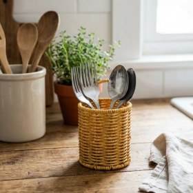 Resim Hsc Bilişim Z&k Market® Yuvarlak Hasır Dokulu Plastik Rattan Kaşıklık & Çatallık – Askılı Kendiliğinden Tutmalı 