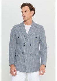 Resim AC&Co / Altınyıldız Classics Erkek Lacı Pamuklu Slim Fit Dar Kesim Kırlangıç Yaka Çizgili Esnek Blazer Ceket Lacı Lacivert 