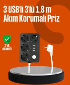 Resim SELFBUYSELL Akım Korumalı 3 USB Portlu 4’lü Priz 4.1A Hızlı Şarj 