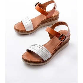 Resim 731-07 Beyaz Ortopedik Hakiki Deri Dolgu Kadın Sandalet Altın - Taba 