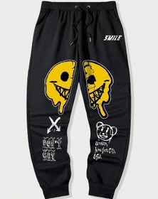 Resim Street Life Guys Cartoon & Letter Graphic Drawstring Waist Eşofman Altı Siyah 