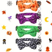 Resim Zil ile Halloween Karikatür Desenli Polyester Kedi Tasması, Güvenli Tokalı Ayarlanabilir Çıkarılabilir Evcil Hayvan Kolyesi, Kedi Kolyesi 