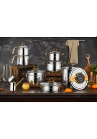 Resim Özlife 18 Parça Tencere Enza Model Çeyiz Seti Sade Gold Açık Gri 