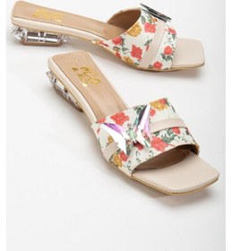 Resim Çiçekli Saten Kelebek Taş Tokalı Ten Kadın Kısa Topuklu Terlik-3088-ten Ten 