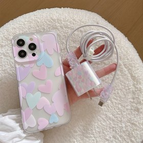 Resim Şeffaf Basit Aşk Şekli Desen Tatlı Sevimli 5'li Set = 1 Telefon Kılıfı + 1 Şarj Koruyucu Kapak + 1 Veri Kablosu Tutucusu + 2 Veri Kablosu Koruyucuları iPhone 16 15 14 13 12 11 Pro Max 14 15 16 Plus XS XR X 8 7 için Uygun 