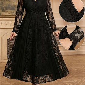 Resim Büyük Beden - Büyük Beden, Kadınlar için Zarif Büyük Beden Resmi Parti Düğün Elbisesi - Uzun Kollu V-Yaka ile Dantel Gibi Etek, Özel Günler için Şık Kesim - Resmi Etkinlikler, Partiler, Günlük Şıklık - Yıl Boyu Şık Akşam Elbisesi, Düğün Misafiri, Kutlama Kıyafeti, V-Yaka Tasarımı, Şık El Sanatları, Yüksek Kaliteli Kumaş, Kavisli Kadınlar 