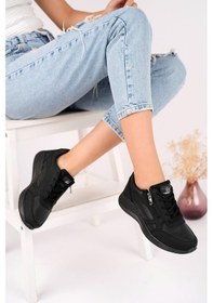 Resim Muggo Asel Garantili Kadın Ortopedik Günlük Bağcıklı Yandan Fermuarlı Rahat Sneaker Spor Ayakkabı Siyah 