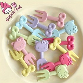 Resim 60 Parça Yüksek Kaliteli Sanrio Hello Kitty Sevimli Meyve Çatal Seti - Renkli, Yeniden Kullanılabilir Şeffaf Tatlı Çatalları Hayvan ve Kurdele Desenli, Partiler ve Etkinlikler İçin Mükemmel 