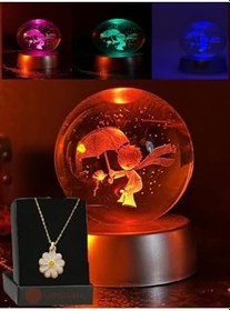 Resim Lapidaria Renk Değiştiren Led Işıklı Küçük Prens Kristal Little Prince Lamba Kar Küresi Ve Papatya Kolye 