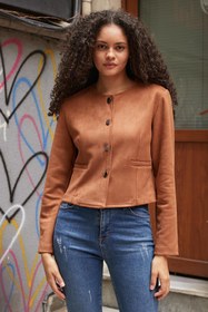 Resim Jument Kadın Esnek Süet Kumaş Sıfır Yaka Flato Cepli Uzun Kol Blazer Ceket-Taba 