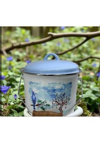 Resim Emaye Bakraç Yoğurt Tenceresi Bakliyat Saklama Tenceresi Patates Soğan Kovası 22 Cm 5 Litre Beyaz - Mavi 