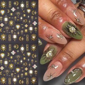Resim 2 Adet Bohem 5D Kabartmalı Yıldız & Ay Tırnak Çıkartmaları - Kendinden Yapışkan Altın Folyo Tırnak Sanatı Dekorları, Güneş, Kalp ve Çiçek Desenli, Hipoalerjenik Plastik DIY Manikür, Partiler, Düğünler İçin - Kadınlar için Tırnak Aksesuarları, Parti Aksesuarları 