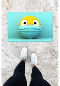 Resim Dijital Baskı Mavi Maskeli Emoji Desen Kapı Önü Paspası 