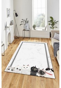 Resim Dijital Baskılı Gri Kediler Desen Dekoratif Yıkanabilir Kaymaz Taban Çocuk Halısı Çok Renkli 