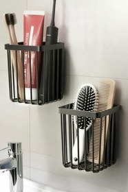Resim ATA HOME 2'Li Set Yapışkanlı Diş Fırçalık, Saç Fırçası Tarak Düzenleyici, Banyo Düzenleyici Banyo Rafı Siyah 