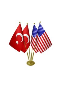 Resim Masa Üstü Abd Amerika Bayrağı Türk Bayrağı Dörtlü Pirinç Direk Ma 