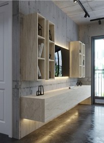 Resim Resital Ledli Duvara Monte Tv Sehpası - Traverten - W6005-8 Traverten 