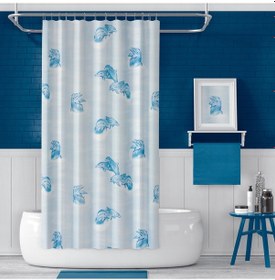 Resim Banyo Perdesi Mavi Yunus Desen Yerli Üretim Duş Perdesi C-halka 180x200cm Banyo Perdesi Yunuslu 
