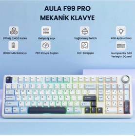 Resim Aula F99 Pro 3 Modlu Rgb Hot Swap Mekanik Star Vector Switch Kablosuz Makrolu Klavye Lacivert 