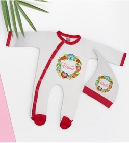 Resim Bk Kids Kişiye Özel Çiçek Tasarımlı Kırmızı Tulum Zıbın Ve Kukuletalı Şapka Seti-2 Çok Renkli 