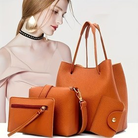 Resim 4 Parça Kadın Çanta Seti, Şık Tote, Düz Renkli Çok Fonksiyonlu Moda Çantası, Cüzdan ve Omuz Çantası İçerir - Alışveriş ve Günlük Kullanım için Mükemmel, Eşe İdeal Noel veya Sevgililer Günü Hediyesi 