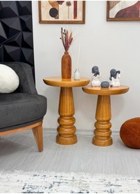 Resim ASELYA HOME Ahşap 2’li Set Mantar Yan Sehpa Modern Meşe Renk Fiskos Zigon Çiçeklik 