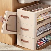 Resim Çift Pencere ile Katlanabilir Ayakkabı Saklama Kutusu - Kahverengi Kumaş, Sneaker ve Yüksek Topuklar için Yatak Altı Saklama Kutusu, Kolay Görünüm, Yığınlanabilir Tasarım, Ev ve Seyahat için Uygun, Ayakkabı Saklama Kutusu, Yatak Altı Saklama 