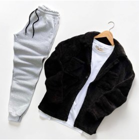 Resim Fifty Color Unisex Pelüş Siyah Ceket Ve Gri Eşofman Kombini Alt Üst 