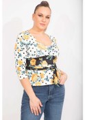 Resim Kadın Renkli Büyük Beden Yakası Agraf Kapatmalı Kuşak Bağlamalı Bluz 65n35653-renkli Çok Renkli 