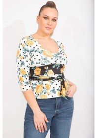 Resim Kadın Renkli Büyük Beden Yakası Agraf Kapatmalı Kuşak Bağlamalı Bluz 65n35653-renkli Çok Renkli 