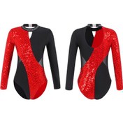 Resim Kırmızı Kızlar Parlak Uzun Kollu Mock Boyun Jimnastik Bale Dans Leotard Tulum Buz Pateni Bodysuit Giyim Kırmızı 