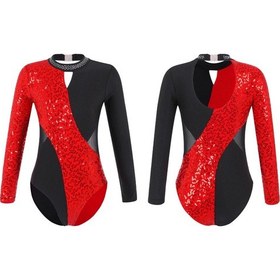 Resim Kırmızı Kızlar Parlak Uzun Kollu Mock Boyun Jimnastik Bale Dans Leotard Tulum Buz Pateni Bodysuit Giyim Kırmızı 